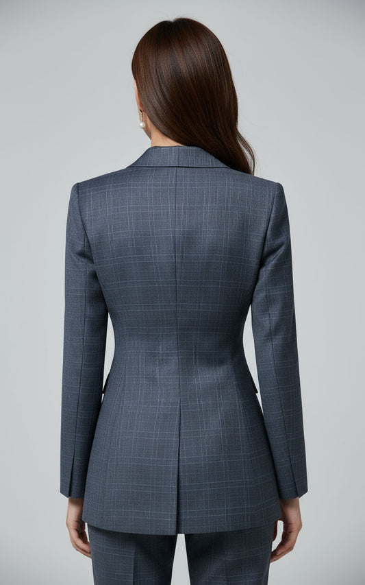 Womens Tailored Navy Blazer Plaid Double Breasted Business