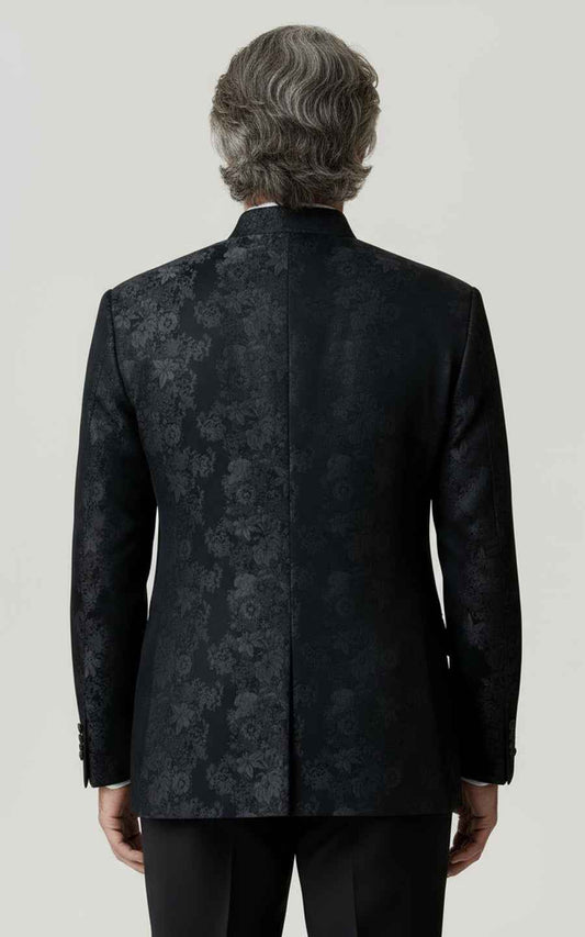 Custom Business Suit Men | Black Floral Jacquard Mandarin Collar Mens Dress Suit Coat — WIAI Ma... | WIAI Custom Suits - View 2