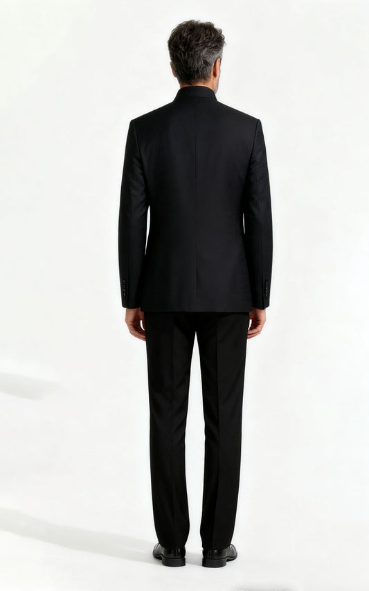 Custom Men Chinese Tailored Suit Dark Blue Plaid Jacquard Suit Set | WIAI Custom Suits - View 2