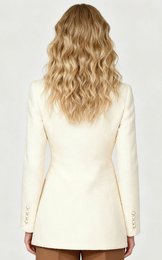 Custom Luxury Cream Blazer Women Double Breasted Tweed Jacket | WIAI Custom Suits - View 2