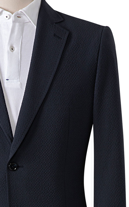 Navy blue seersucker blazer front view custom tailored