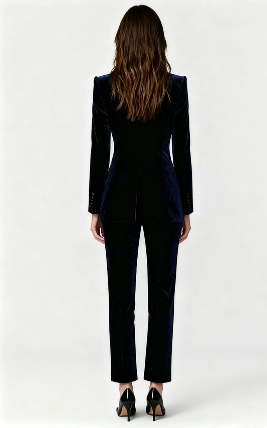 Custom Luxury Navy Velvet Women's Suit Evening Cocktail Set | WIAI Custom Suits - View 2