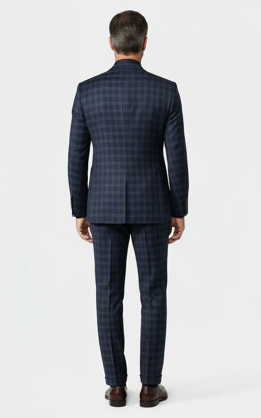Custom Dark Blue Plaid Suit Set Men Business Formal | WIAI Custom Suits - View 2