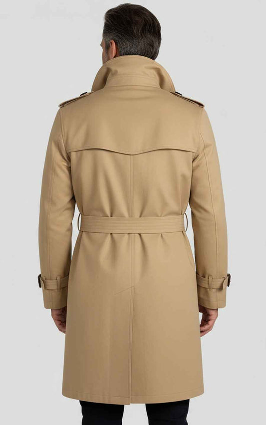 Custom Men's Beige Double-Breasted Business Casual Custom Trench Coat | WIAI Custom Suits - View 2