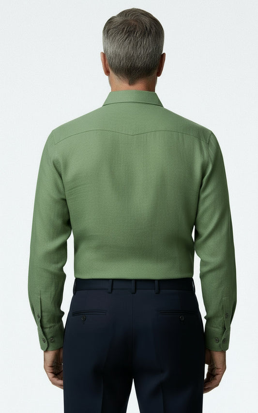 Custom Forest Green Linen Custom Fit Men's Casual Shirts Wear | WIAI Custom Suits - View 2