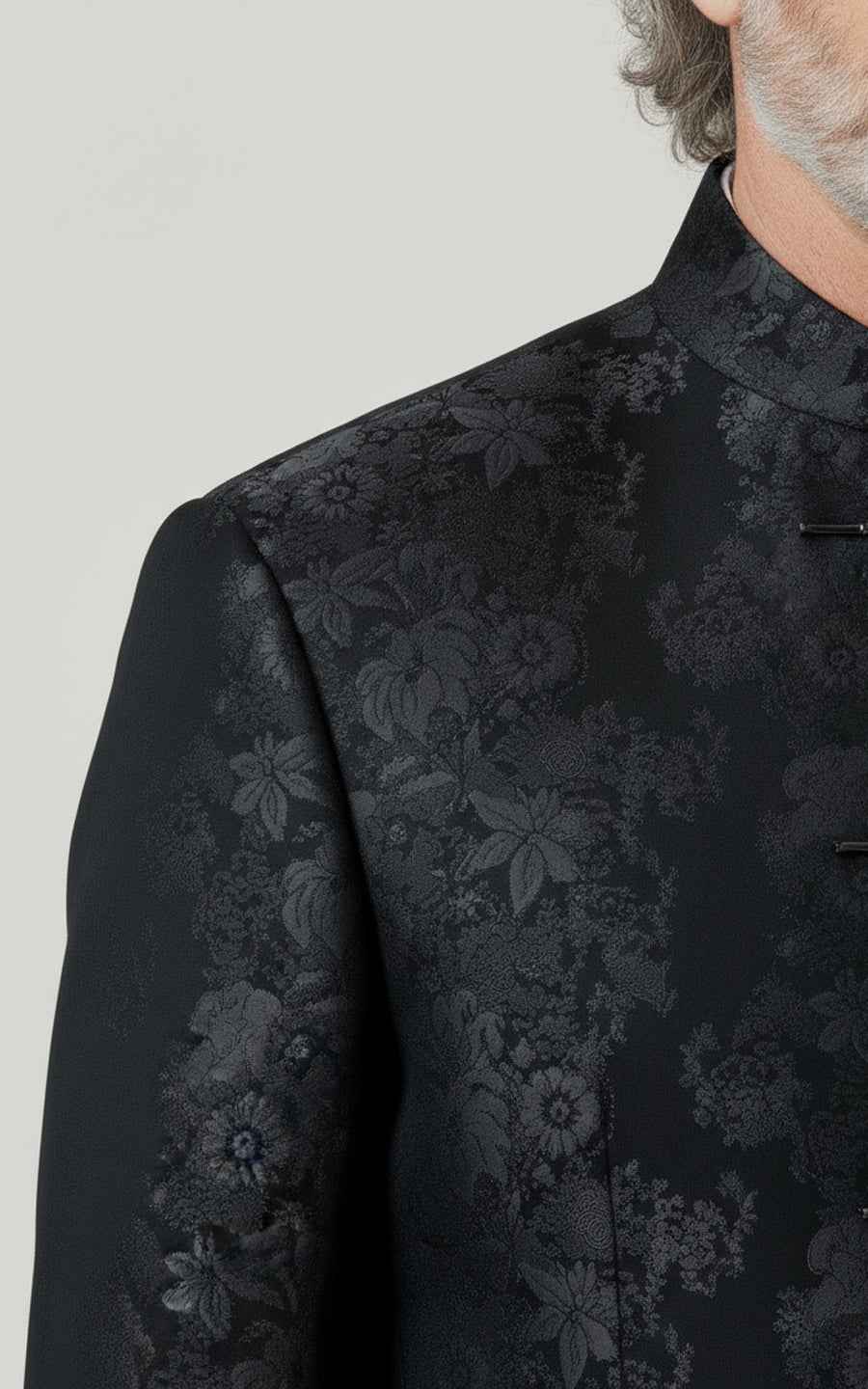 Black Floral Jacquard Mandarin Collar Mens Dress Suit Coat