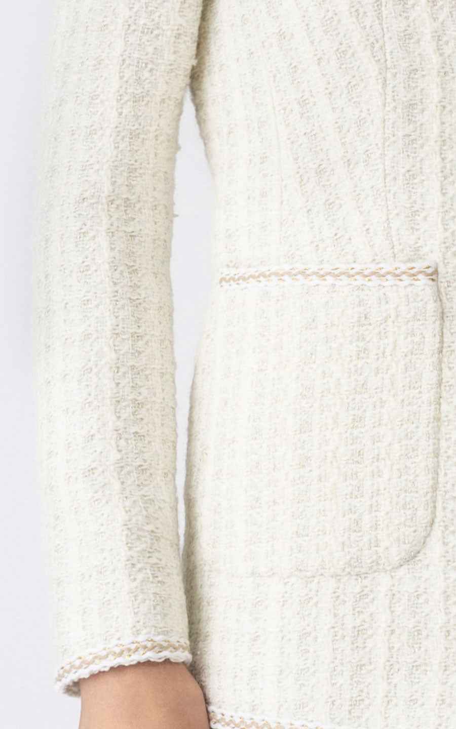 Cream Tweed V-Neck Blazer & Midi Skirt Set - Luxury