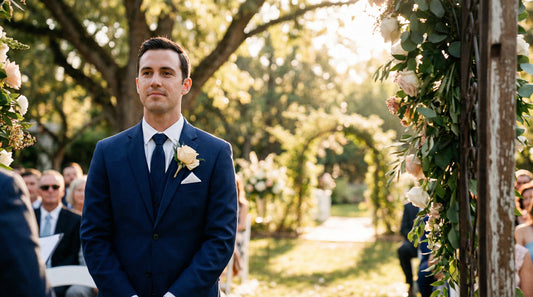 Groom in elegant navy wedding suit, formal outdoor wedding ceremony
