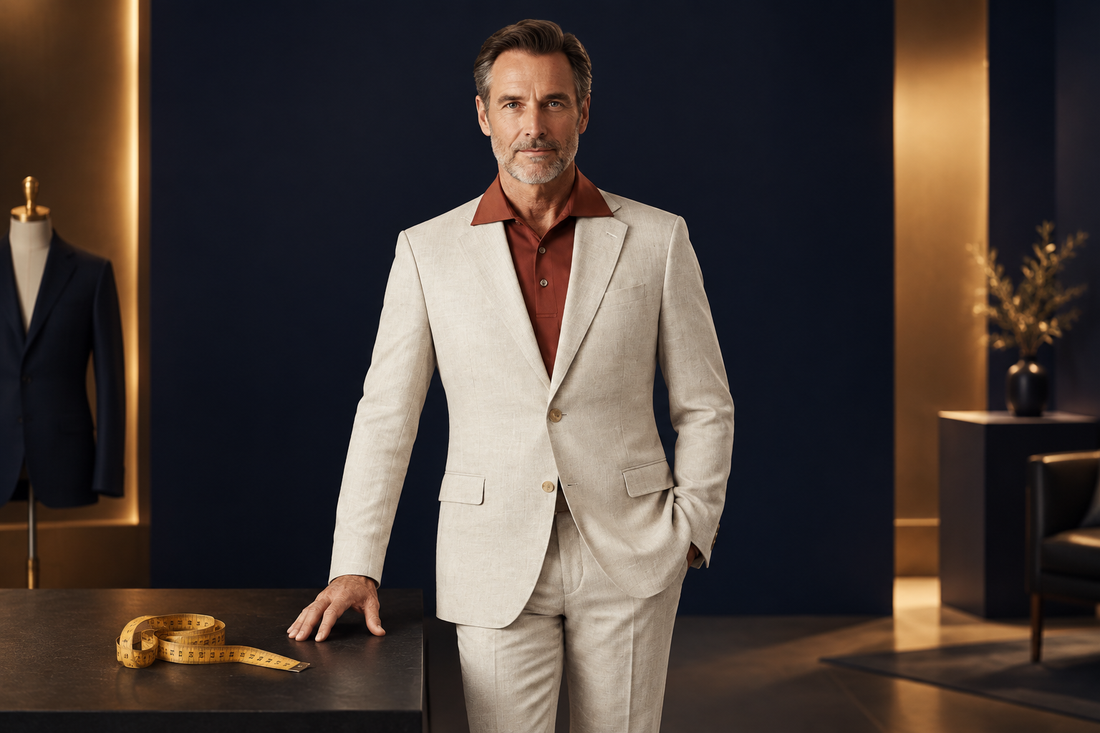 WIAI editorial illustration of a beige men's suit in a navy tailoring studio with a measuring tape on a table