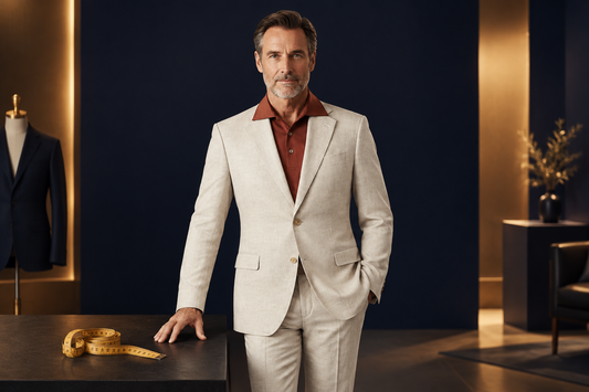 WIAI editorial illustration of a beige men's suit in a navy tailoring studio with a measuring tape on a table