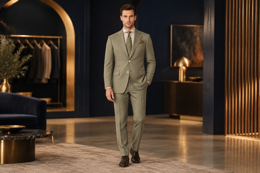 WIAI editorial illustration of an olive green men's suit in a navy showroom with warm golden lighting