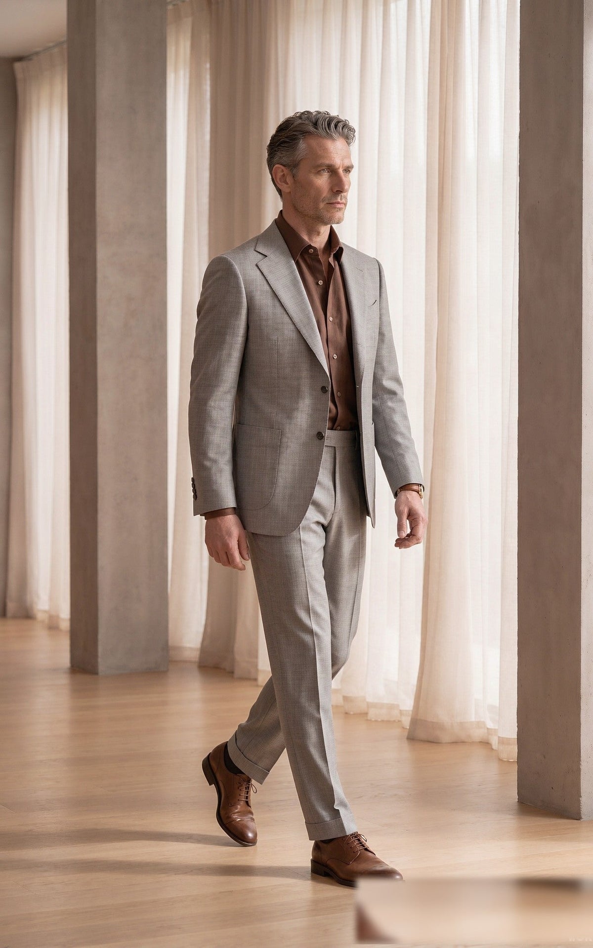 Model wearing a tailored light-grey Italian wool suit from the WIAI High-End Fabric Series (Drago, VBC, Guabello)