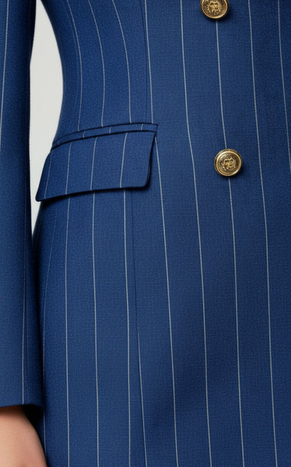 Navy Blue Pinstripe Double-Breasted Blazer Gold Buttons