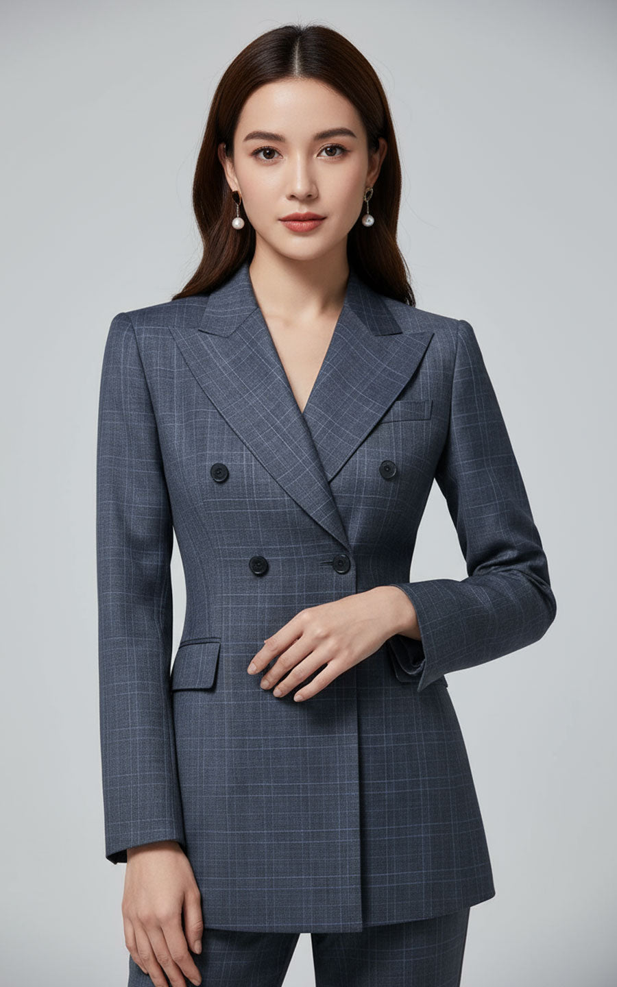 Womens Tailored Navy Blazer Plaid Double Breasted Business