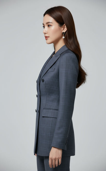 Womens Tailored Navy Blazer Plaid Double Breasted Business
