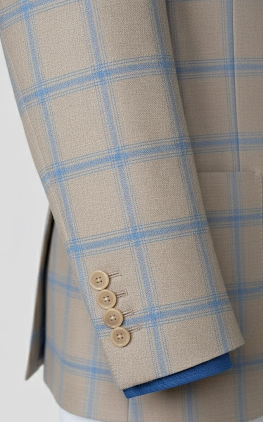 Men Tailored Khaki Blue Plaid Wool Customized Suit Casual Set