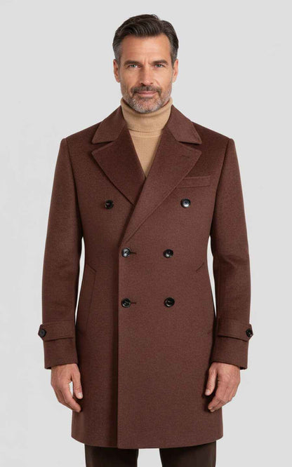 Autumn/Winter Men's Dark Camel Custom Double-Breasted Wool Coat