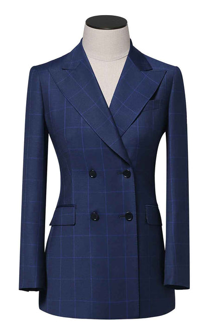 Navy Blue Checkered Double-Breasted Blazer
