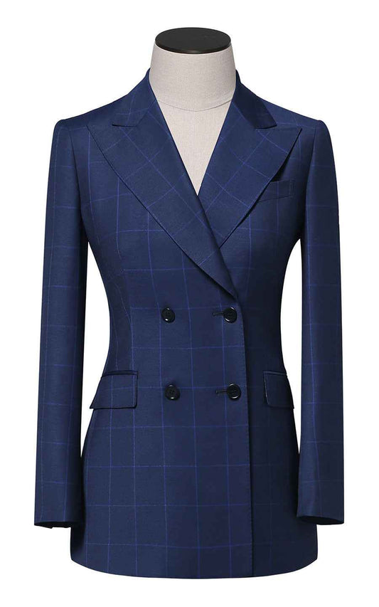 Navy Blue Checkered Double-Breasted Blazer
