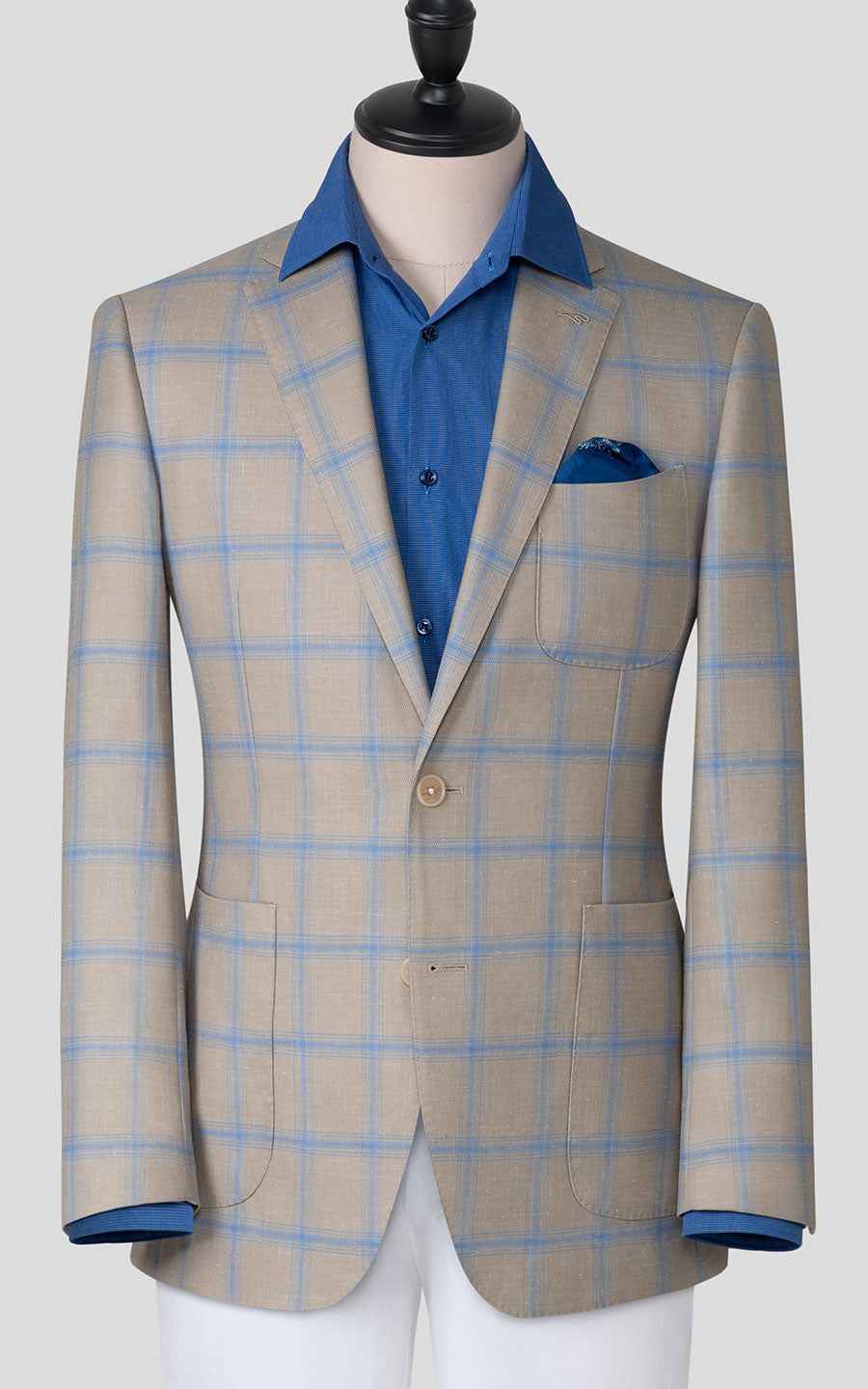 Custom Khaki Blue Plaid Wool Casual Suit Set