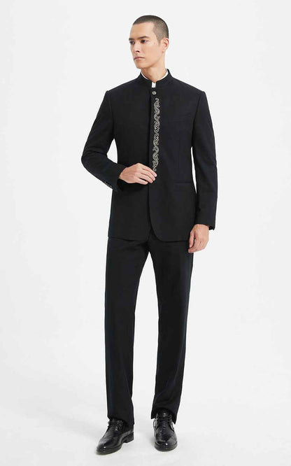 Men's Black Chinese Formal Suit - Mandarin Collar Traditional Set