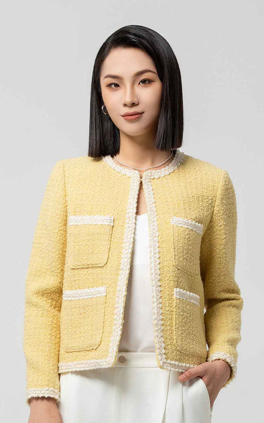 Yellow Tweed Jacket & White Pants Professional Set