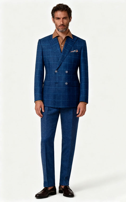 Men's Blue Plaid British Style Tailored Suit