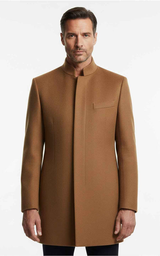 Men's Dark camel stand-up collar business casual custom wool coat