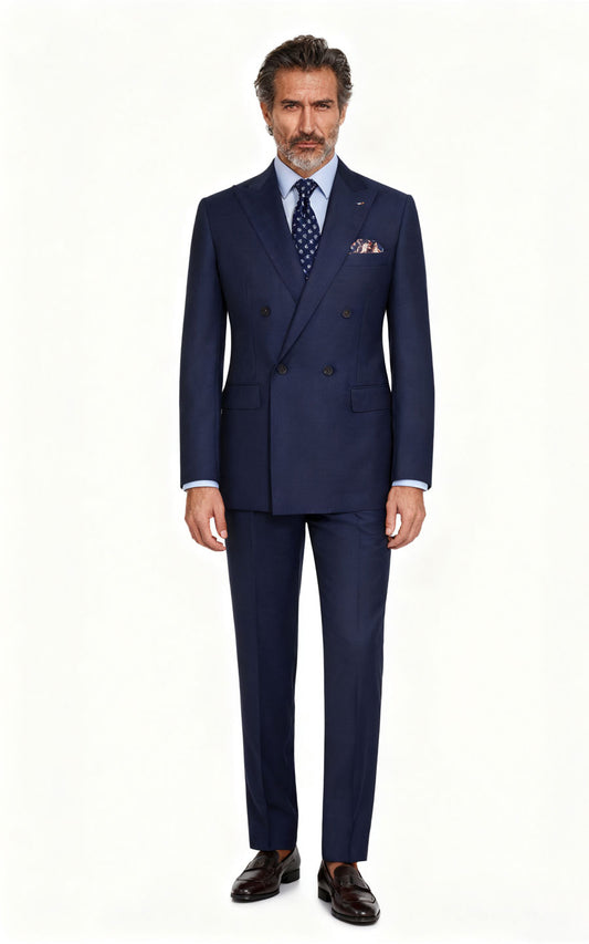Navy Blue Grid Custom Tailored Business Suit - Bespoke