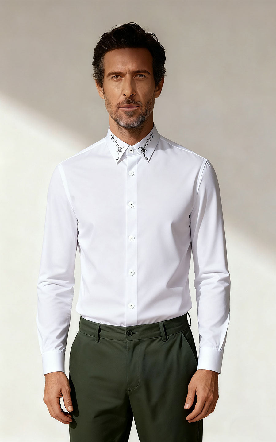 Custom Shirt White Black Embroidery - Tailored Fit