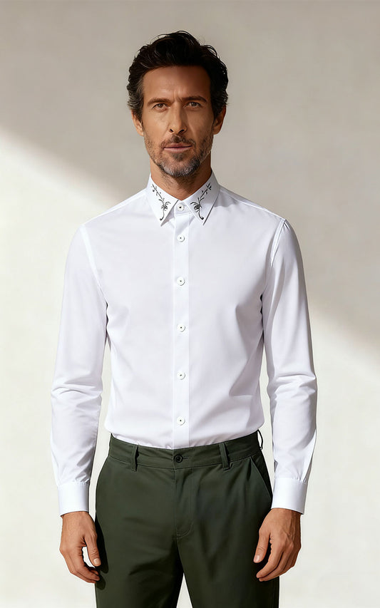 Custom Shirt White Black Embroidery - Tailored Fit