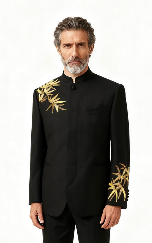 Men's Black Groom Blazer - Golden Bamboo Embroidered