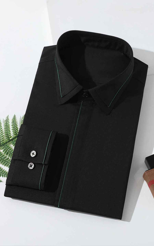 Custom Black Textured Shirt with Green Lines - Men's