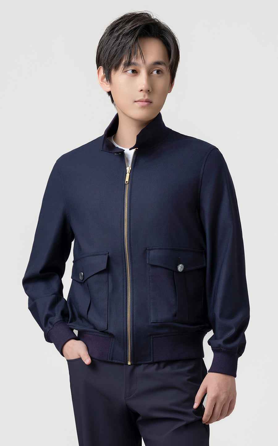 Navy Wool Bomber Jacket Premium Tailored Mens Outerwear