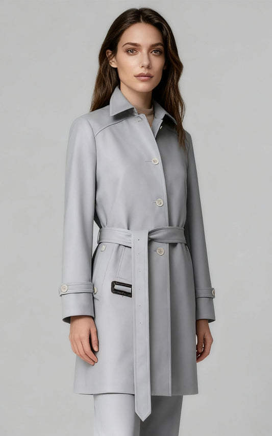 Classic Grey Trench Coat - Belted Women's Outerwear