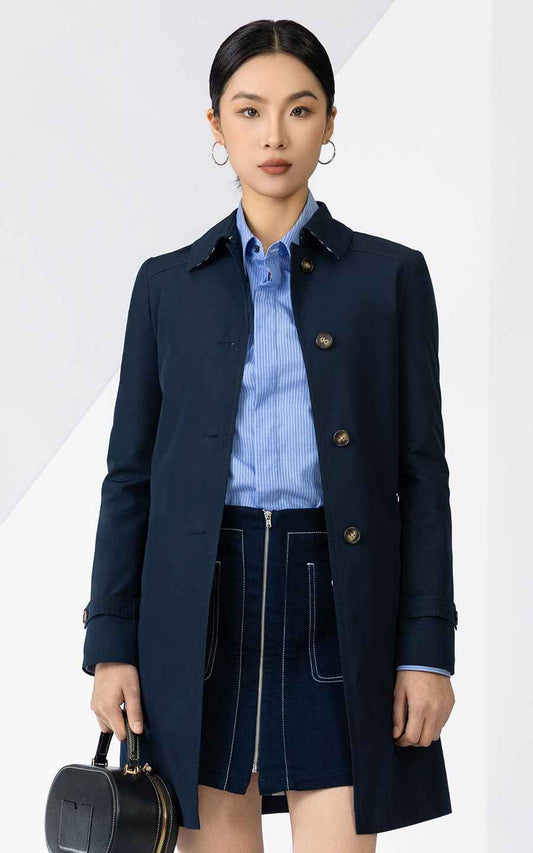 Women's Navy Blue Single-Breasted Trench Coat
