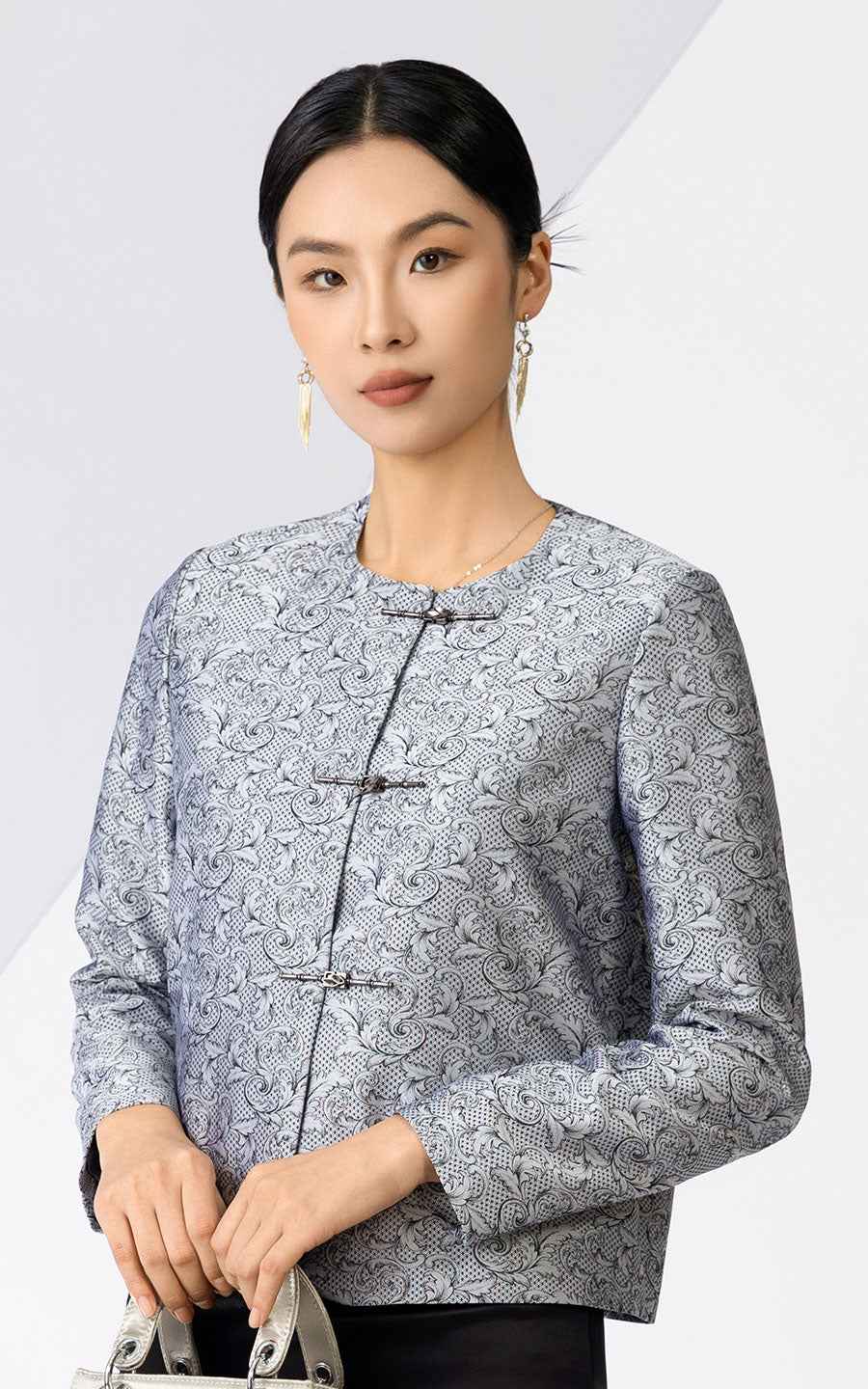 Elegant Chinese Traditional Jacket - Gray Paisley Pattern