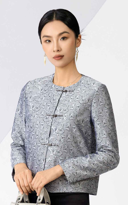 Elegant Chinese Traditional Jacket - Gray Paisley Pattern