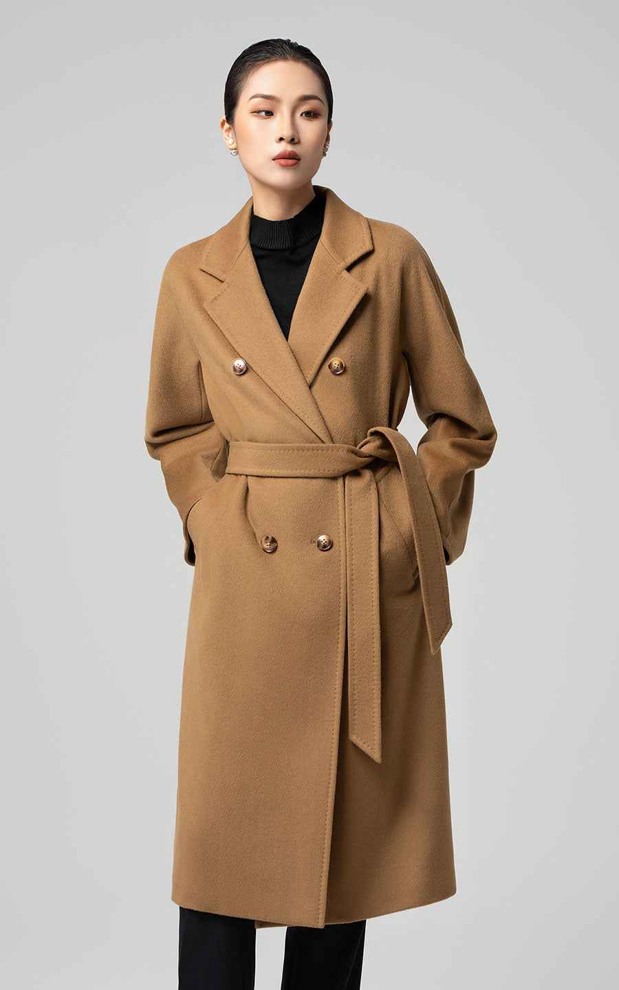 Classic Camel Double-Breasted Trench Coat with Belt
