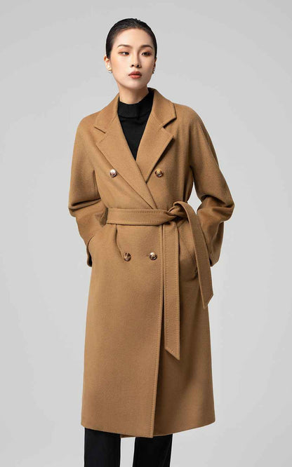 Classic Camel Double-Breasted Trench Coat with Belt