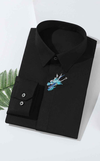 Custom Black Dragon Embroidered Dress Shirt - Tailored Fit