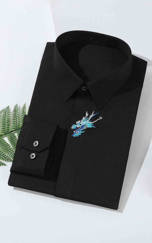 Custom Black Dragon Embroidered Dress Shirt - Tailored Fit
