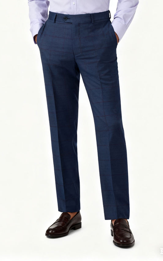 Men's Dark Blue Red Checkered Dress Pants - Formal Suit