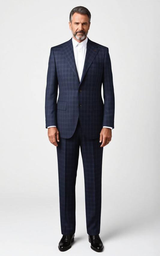 Dark Blue Plaid Custom Tailored Suit Set - Premium Fit