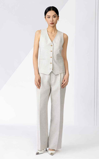 Women's Elegant Linen Vest & Pants Suit Set - Light Gray