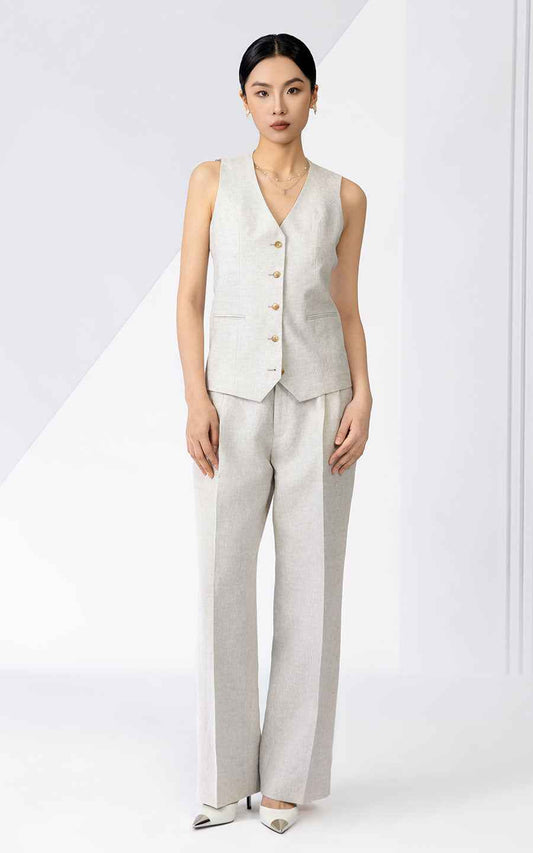 Women's Elegant Linen Vest & Pants Suit Set - Light Gray