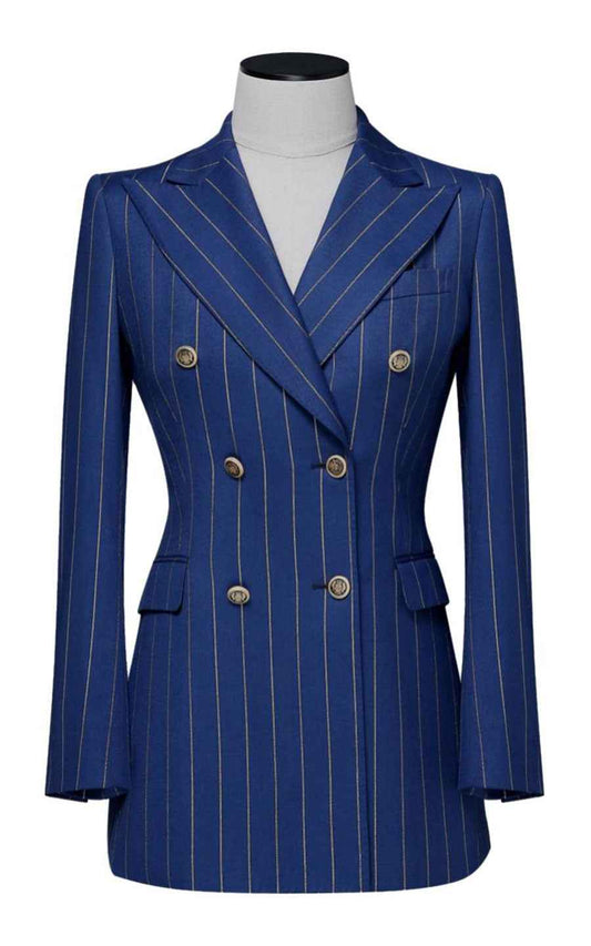 Navy Blue Pinstripe Double-Breasted Blazer Gold Buttons
