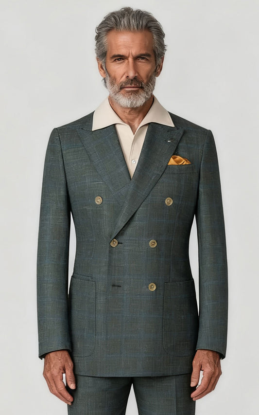 Custom Gray-Green Plaid Linen Blazer - Tailored Suit