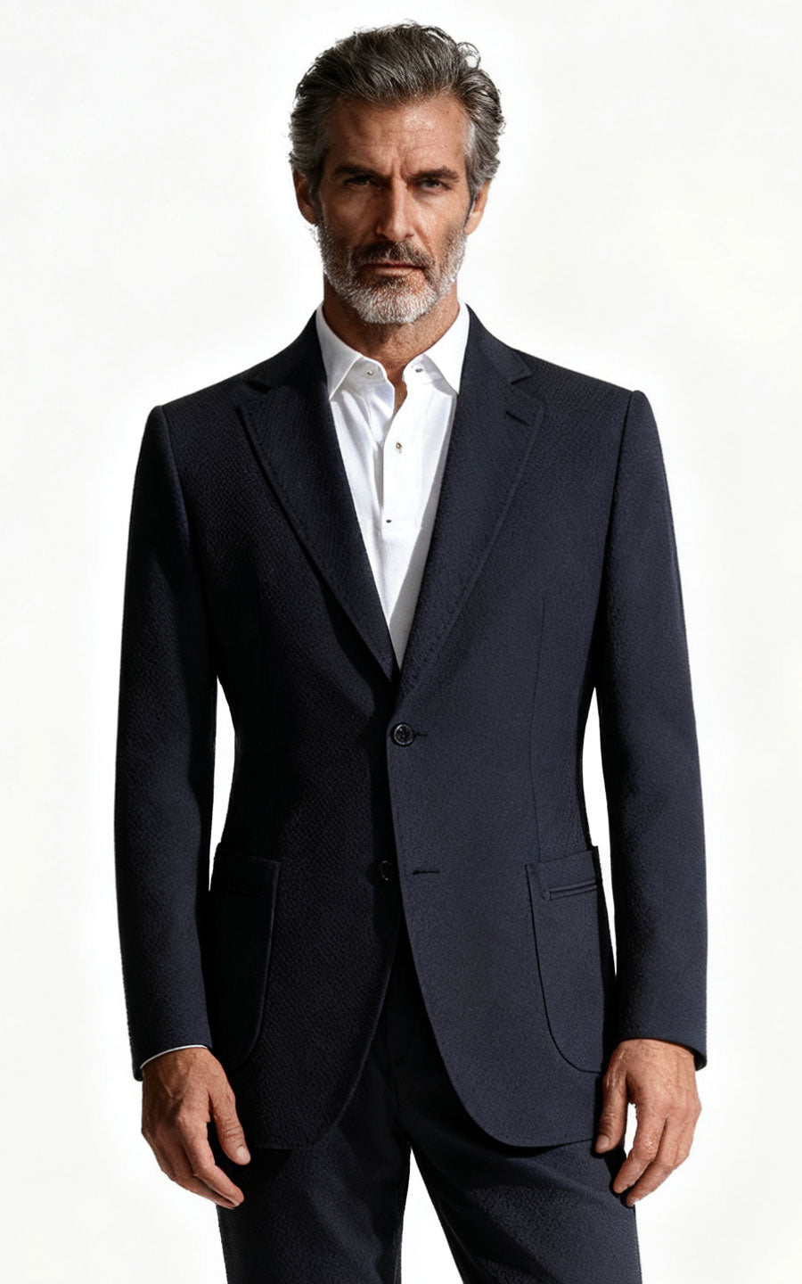 Navy Blue Wool Seersucker Tailored Blazer - Custom Fit