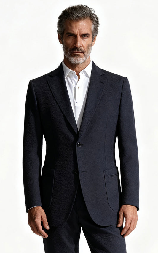 Navy Blue Wool Seersucker Tailored Blazer - Custom Fit